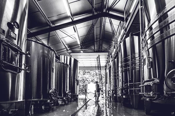 Stainless steel tanks beneath the roof of the Fleur Ursuline winery